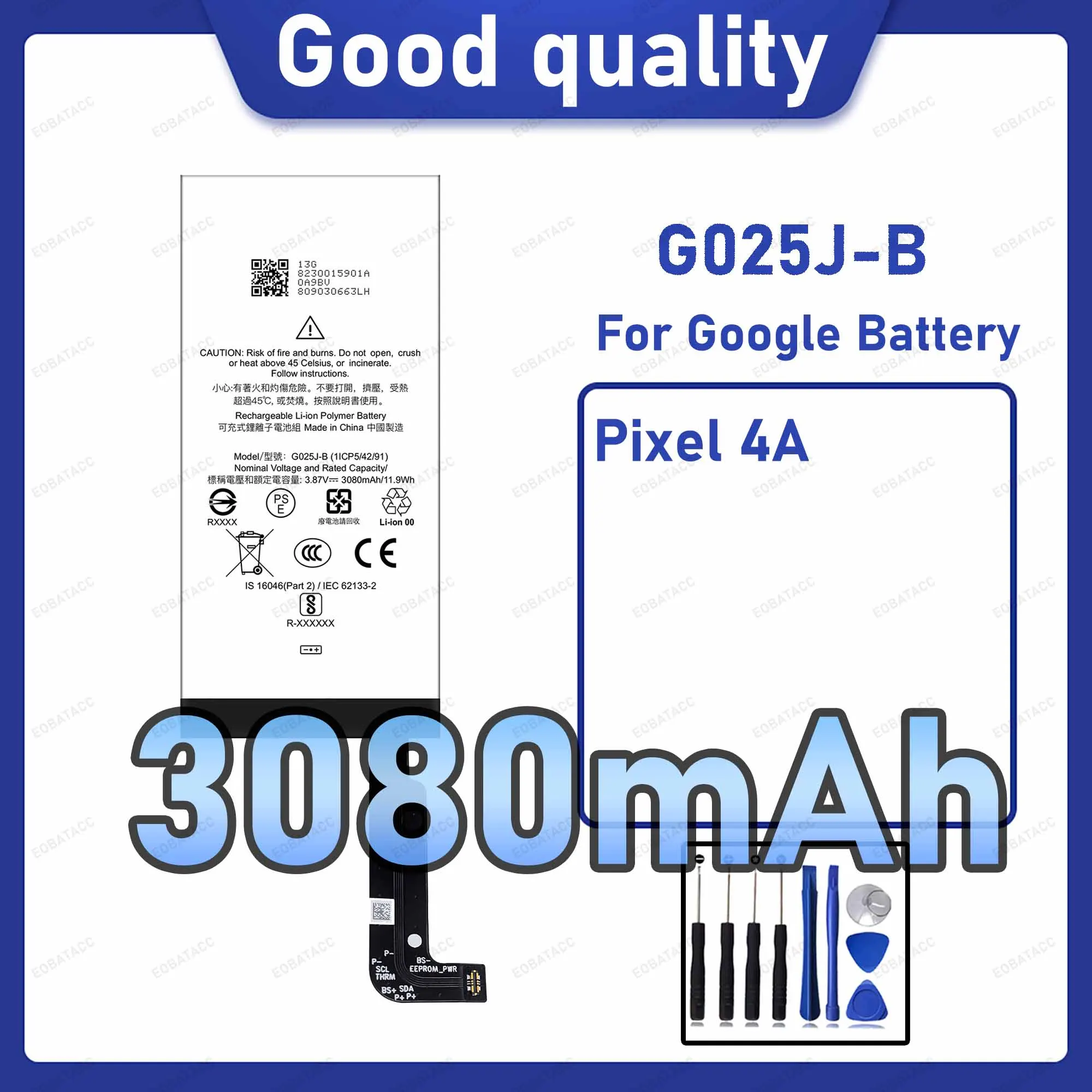 3080mAh G025J-B Replacement Battery for Google Pixel 4A with Repair Tools Kit