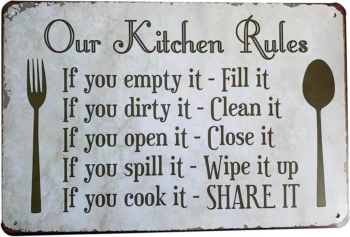 Kitchen Rules Plaque Wall Decor Rustic Metal Tin Signs Posters Farmhouse Sign -Inch