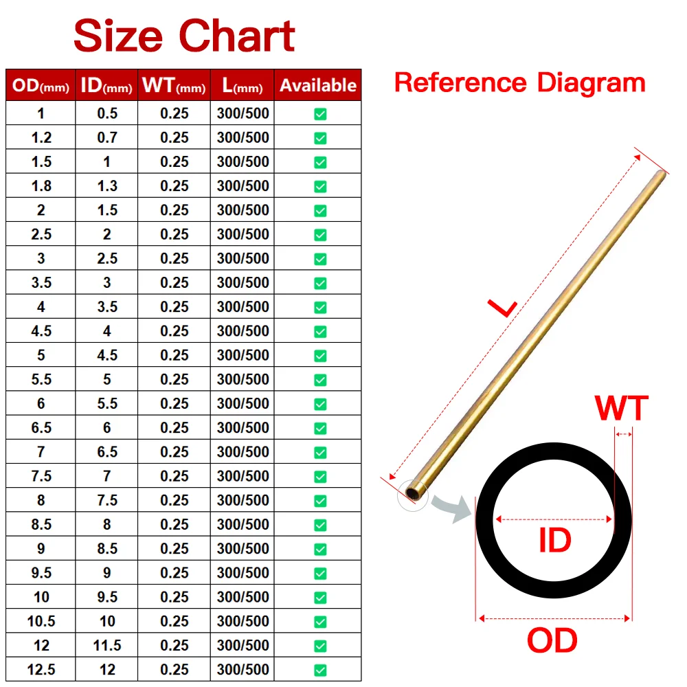 Brass Pipe 0.25mm Wall Thickness 1-12.5mm OD Brass Tube 300 500mm Length Straight Tubing Copper Tube Thin-Walled Small Diameter
