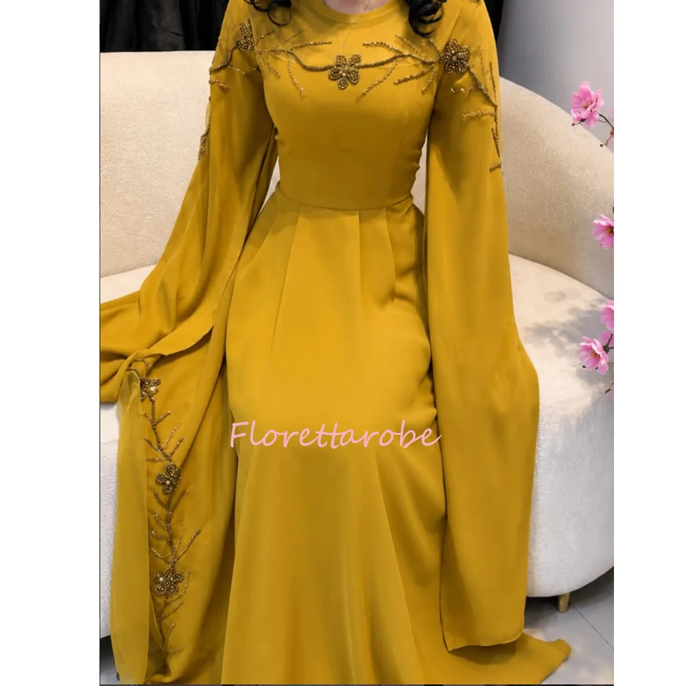 Customized Evening Dress Arabian Party Gown Elegant Round Neck Long Sleeves Beading Sequined A Line Formal Prom Dresses