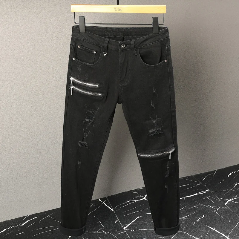 

Autumn new black jeans with men's personalized zipper design, trendy street elastic small leg pants