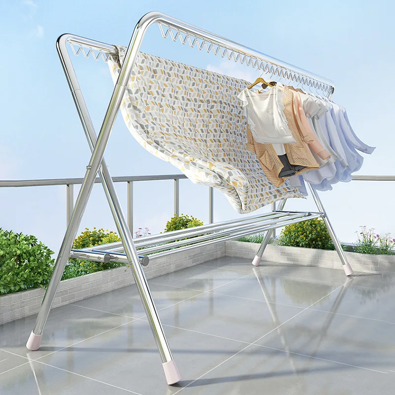 

Steel Pipe Drying Rack Folding Floor Household Balcony Hanging Clothes Outdoor Windproof Double Pole Drying Quilt Drying Rod