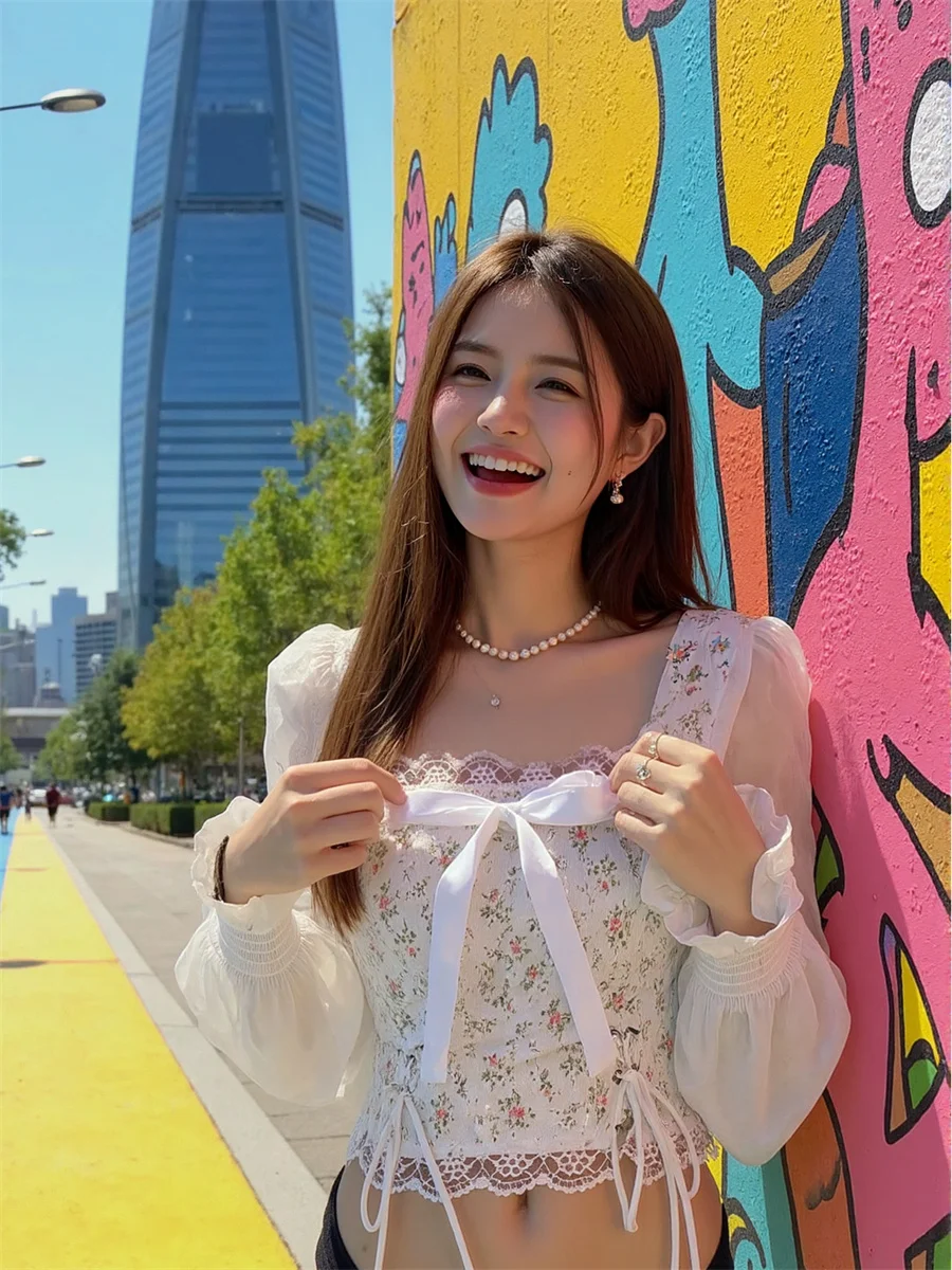 화이트 오버사이즈 여성용 면 블라우스 자외선 차단 레이스 트림 한국 스타일 짧고 우아한 가을 해변 여성용 롱 튜닉