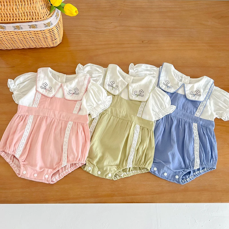 

Newborn Girls Jumpsuits Clothes Kids Baby Girl Short Sleeve Fake Two Piece Embroidery Rompers Infant Baby Girls Children Rompers