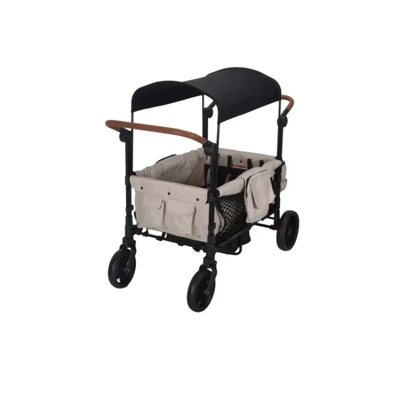 Hoogwaardige opvouwbare opvouwbare wagen met verstelbare handgreep Kinderwagen met stoelen en veiligheidsgordels Campingwagen voor buiten