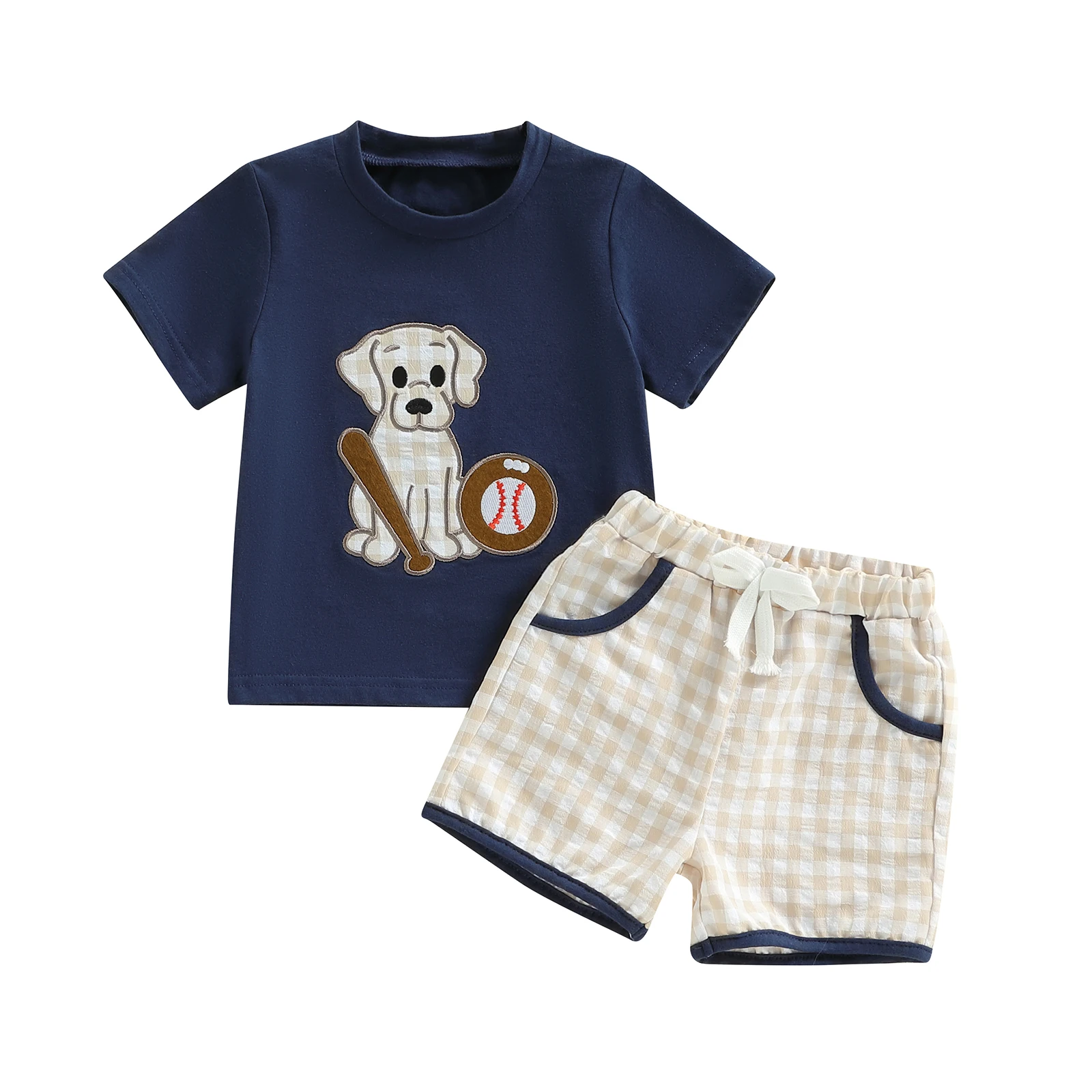 

Baby Boys Summer 2 Piece Outfits Short Sleeve Round Neck Dog Baseball Embroidery Tops Plaid Shorts Set