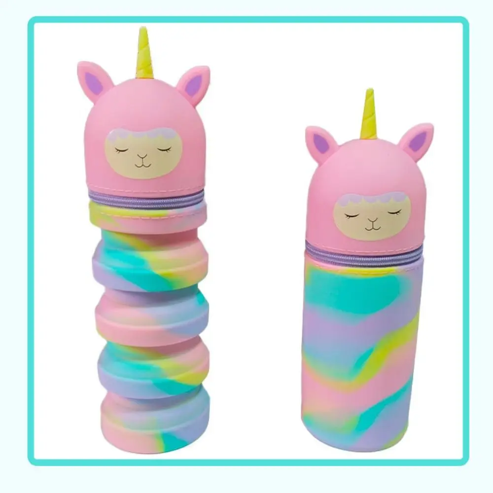 حافظة أقلام يونيكورن ملونة مستقيمة/قابلة للطي ذات سعة كبيرة من السيليكون حاوية أقلام لطيفة مقاومة للماء للطلاب