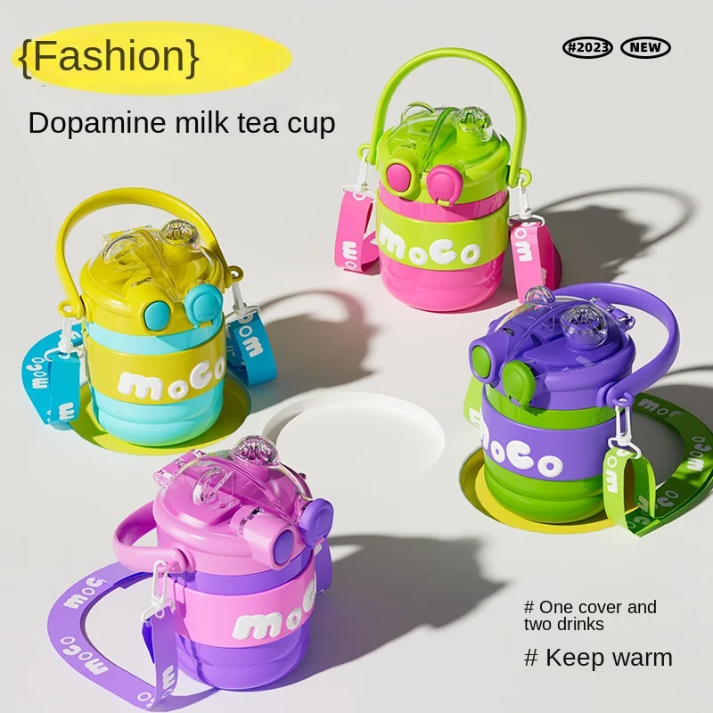 

600ml New Vacuum 316 Stainless Steel Children's Insulated Cup High Aesthetic Value Cute Straw Water Cup Dual Drink Water Bottle