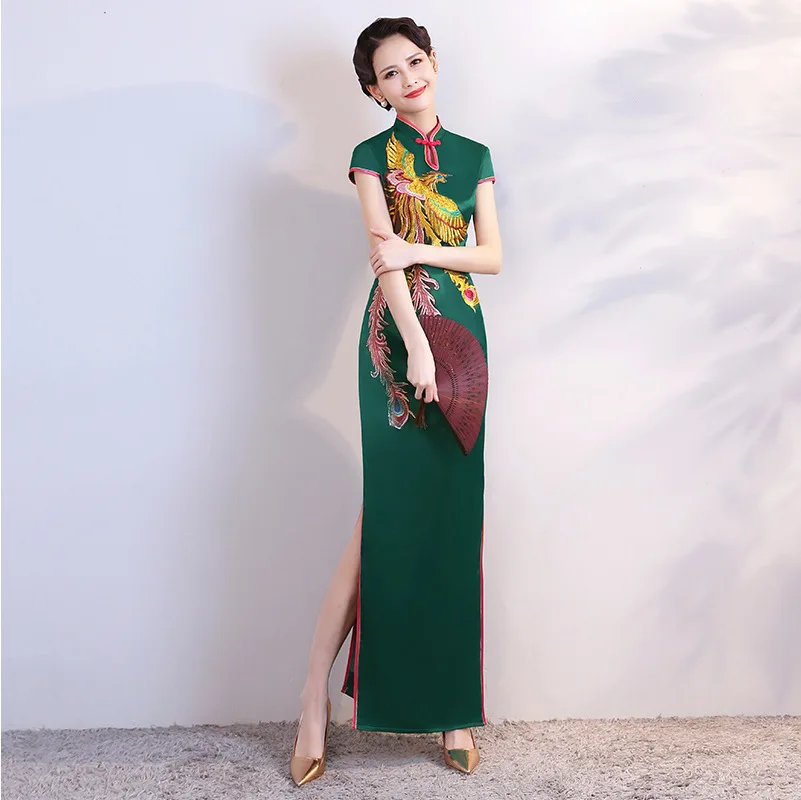 

Green Phoenix Qipao Mandarin Collar Chinese Party Dress Gown Women Sexy High Split Cheongsam Oversize 5XL Classic Vestidos