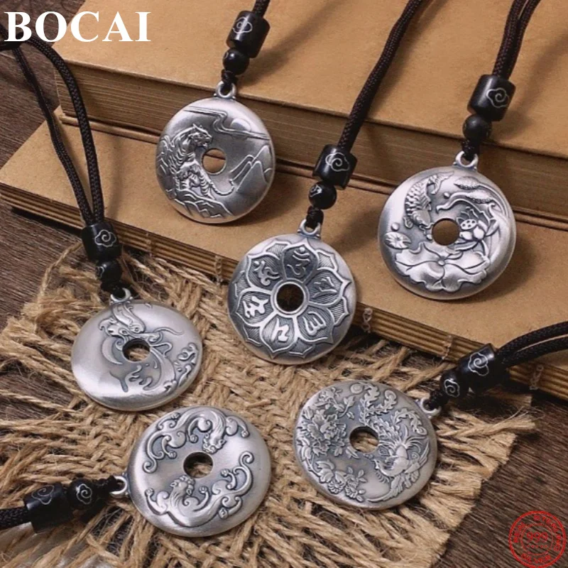 

BOCAI S999 Sterling Silver Charms Pendants for Women Men Relief Double Loong Tiger Carp Phoenix Safety Amulet Free Shipping