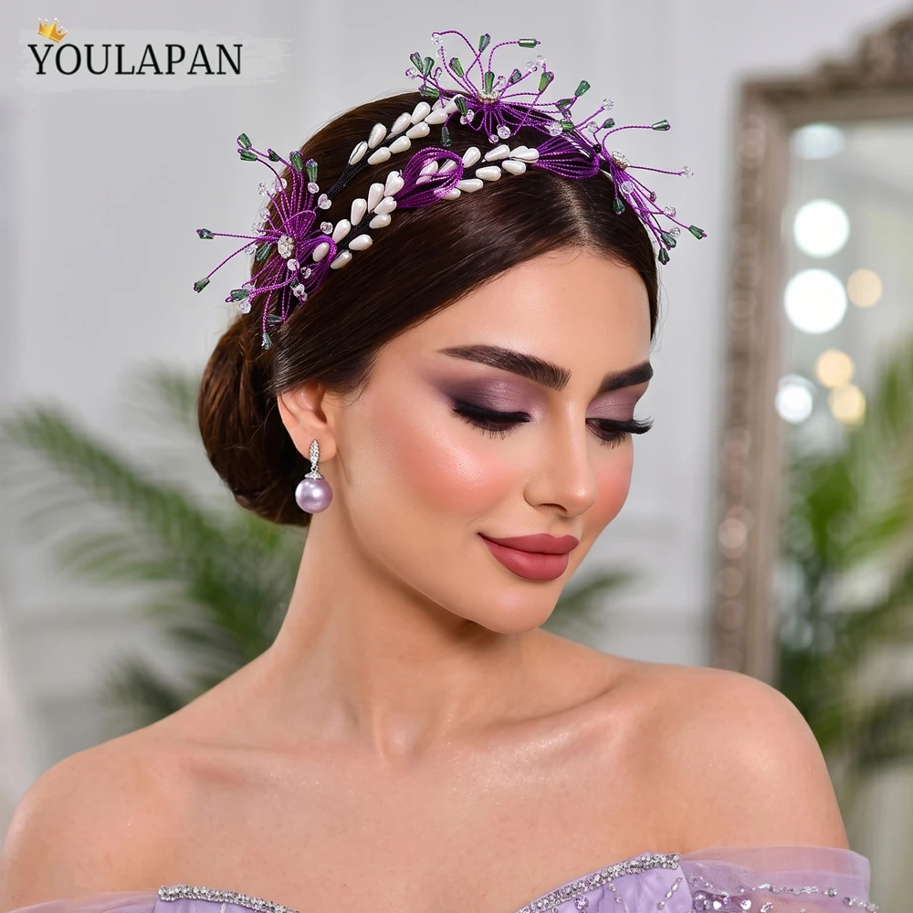YouLaPan Purple Wire Flower Bridal Headband Handmade Pearl Crystal Wedding Hair Band Evening Party Headpiece For Women A61