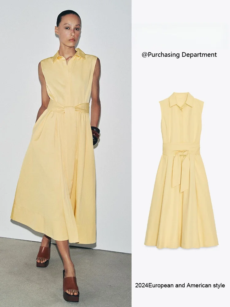 Vestido midi de verão, novo, f, emaecedor, com cinto, gola de csa, sem mangas, cintura alta, para festa, cor pura...