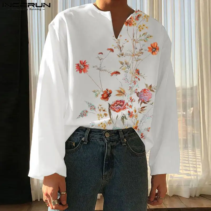 2023 Men Shirt Flower Printing V Neck Long Sleeve Streetwear Loose Men Clothing Autumn Fashion Casual Camisas S-5XL INCERUN