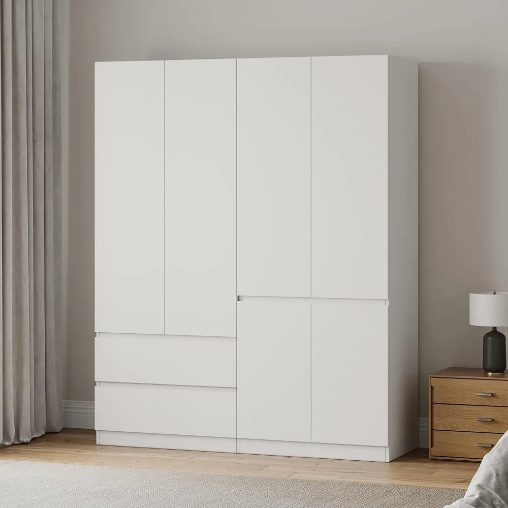 خزانة ملابس خشبية ذات 4 أبواب ودرجين مع قضيب تعليق لغرفة النوم #3