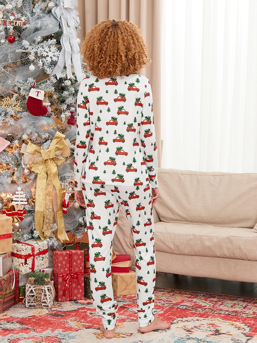 Womens Christmas Pajama Set Tree Car Print Round Neck Long Sleeve Tops Elastic Waist Pants 2 Piece Set