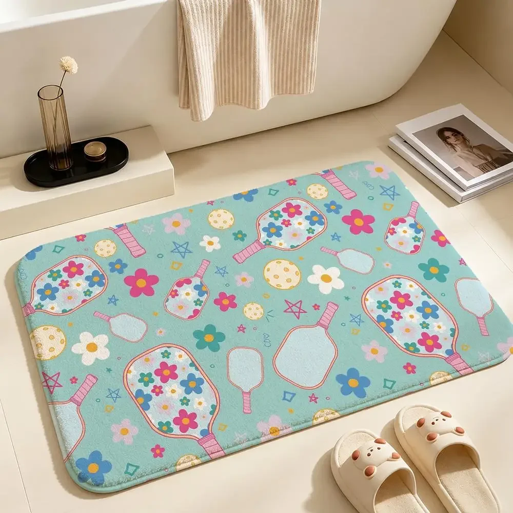 Cartoon Pickleball Paddle Allover Floor Mat Soft Non-Slip Bath Mat, Bedside Carpet, Absorbent Doormat for Home