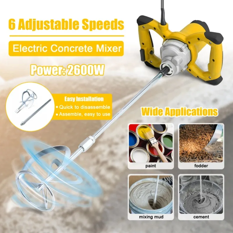 2600W Electric Concrete Mixer Concrete Cement Mixer 6 Speeds Mixing Machine Thinset Mortar Grout Plaster Paint Stirring Tool
