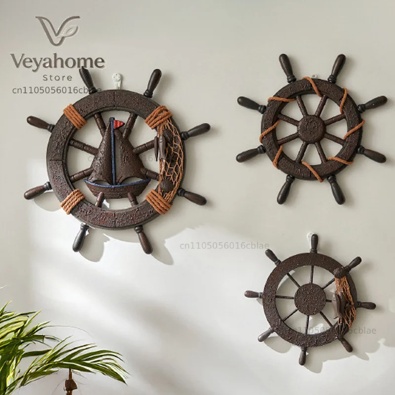 Wooden Home Decor Rudder Wheel Pirate Ornament Mediterranean Style Retro Handmade Bar Decoration Door Hanging Beach Wall Ship