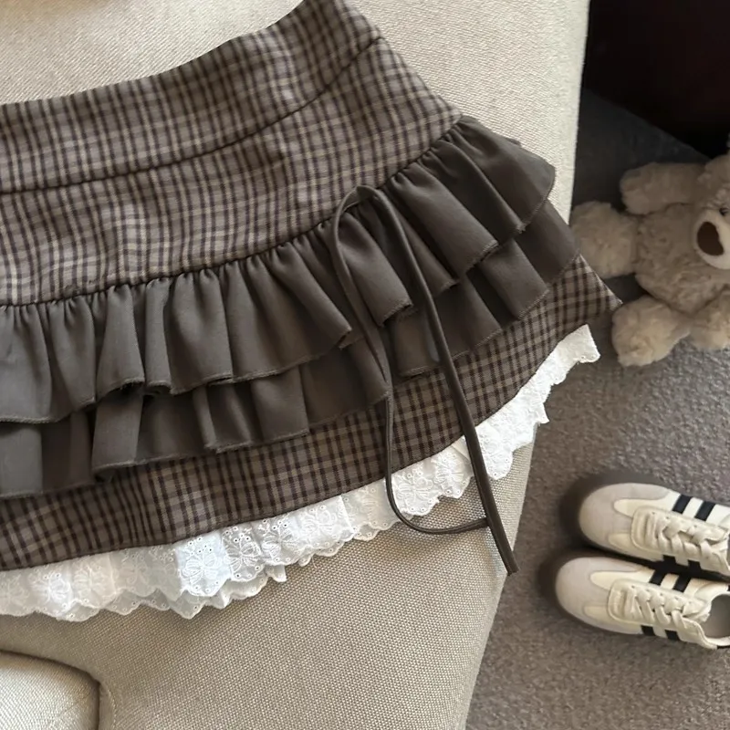 Sweet Girl Women Brown Plaid Mini Skirt - Ruffled Tiered Design with Lace Trim | Bow Detail High-Waist Skirt | Cute Casual Skirt