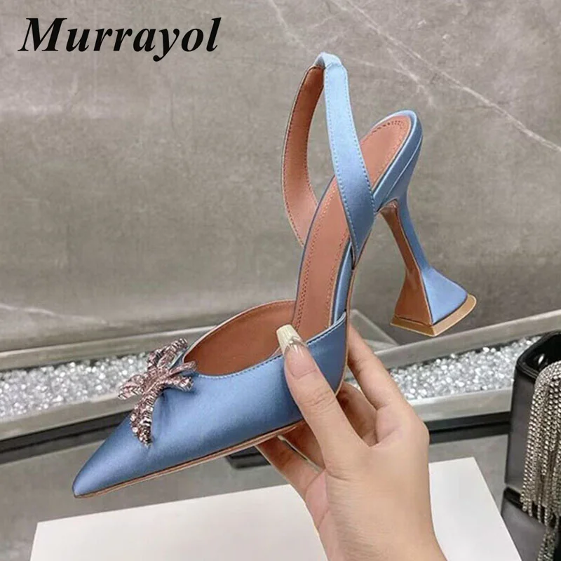 Pointed Toe Satin Silk High Heels Sandals Women Shiny Crystal Cup Heels Back Strap Sandalias Summer Fashion Party Banquet Shoes