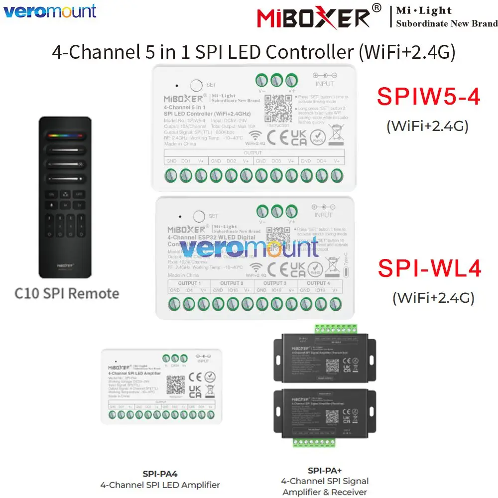 

Miboxer SPIW5-4 5 in 1 SPI LED Controller WiFi+2.4G RF Remote Control 4-Channel SPI-WL4 ESP32 WLED Pixel Strip Signal Amplifier