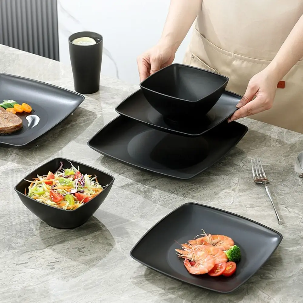 

16pcs/Set Square Plastic Dinnerware Set Wheat Straw Thickened Tableware Suit Reusable Large Capacity Dinner Plate Set Steak