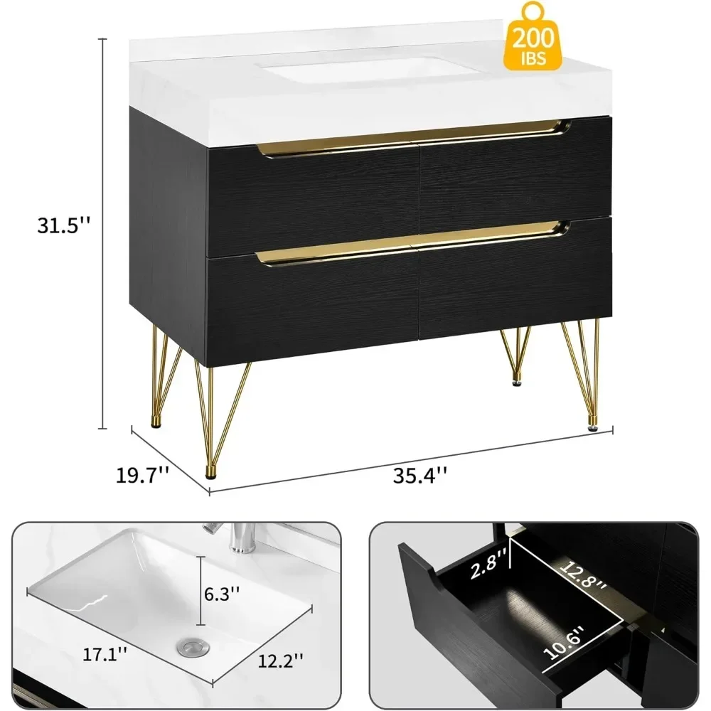 36 Inch Bathroom Vanity with Sink Combo, Bathroom Freestanding Storage Cabinet Vanity with Sintered Stone Countertop