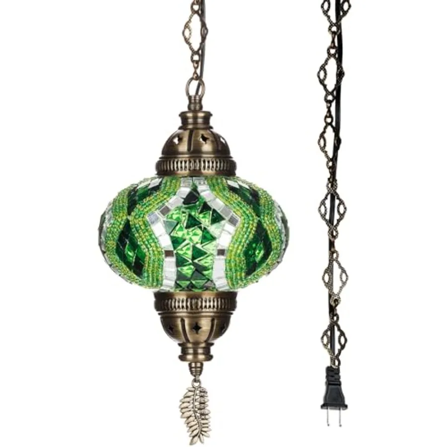 

Plug-in Turkish Moroccan Mosaic Hanging Pendant Ceiling Light Swag Lamp Fixture with 15Feet Cord and Chain Handcrafted Glass Ti