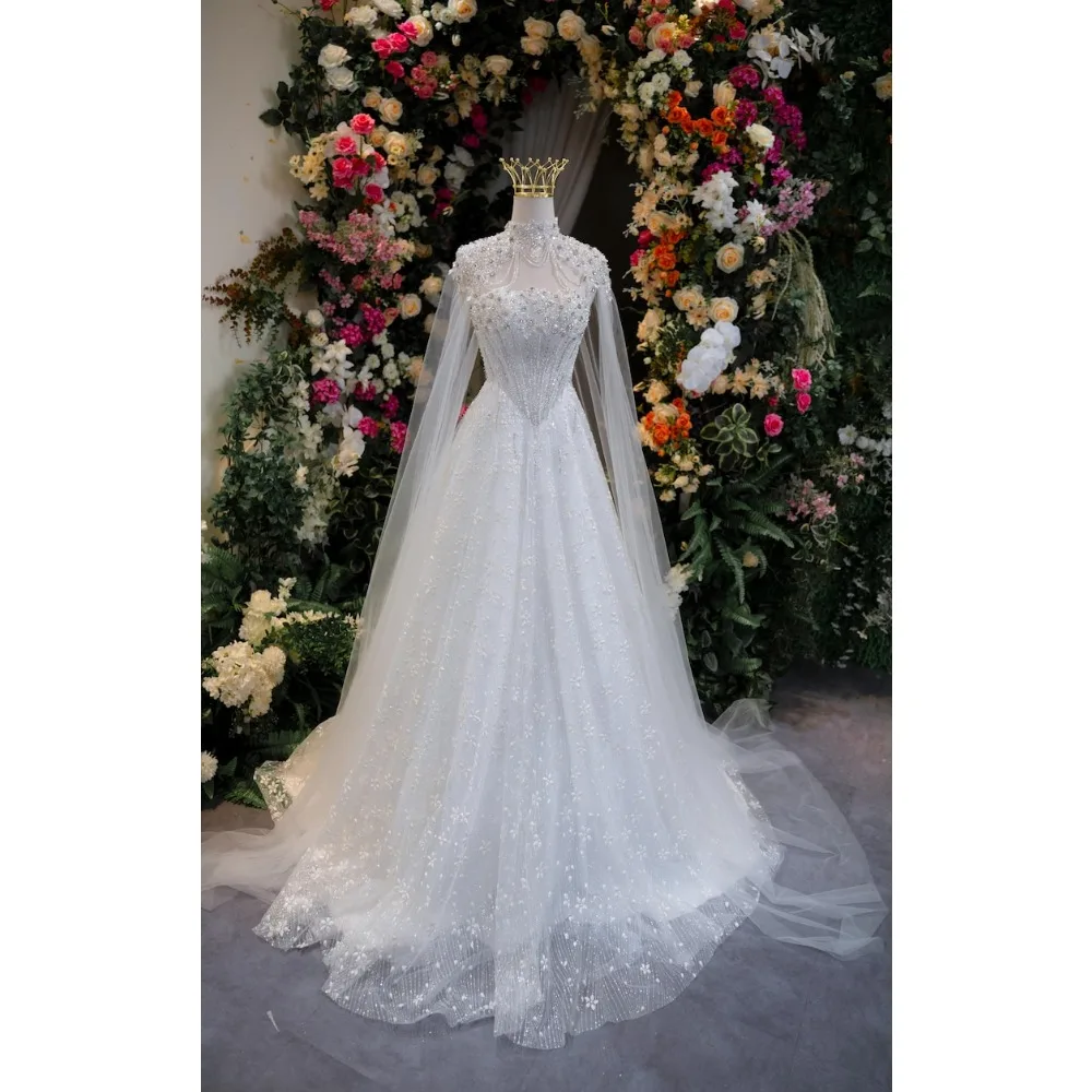 

Custom Luxury High Neck Beaded Wedding Dress with Detachable Tulle Cape Elegant A-Line Bridal Gown with Crystal Embellishments