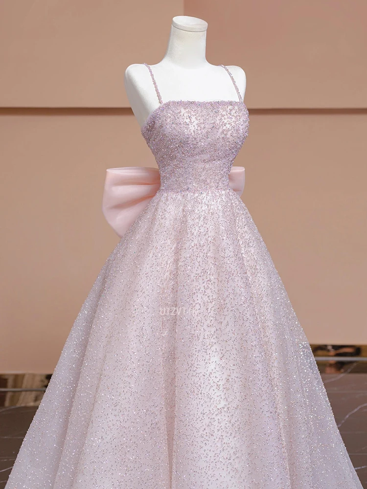 الوردي أنيقة لامعة فستان حفلات المرأة السباغيتي الأشرطة ألف خط مع القوس الظهر حفلة رسمية ثوب مسائي فساتين المشاهير حسب الطلب