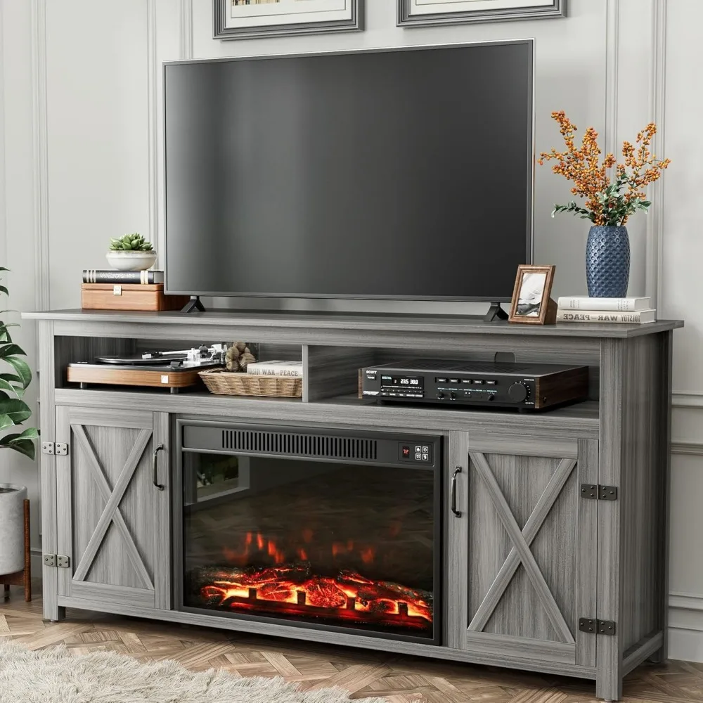 

Fireplace TV Stand for Television up to 65+ Inch with Storage and Farmhouse Barn Doors, Entertainment Center with Cabine