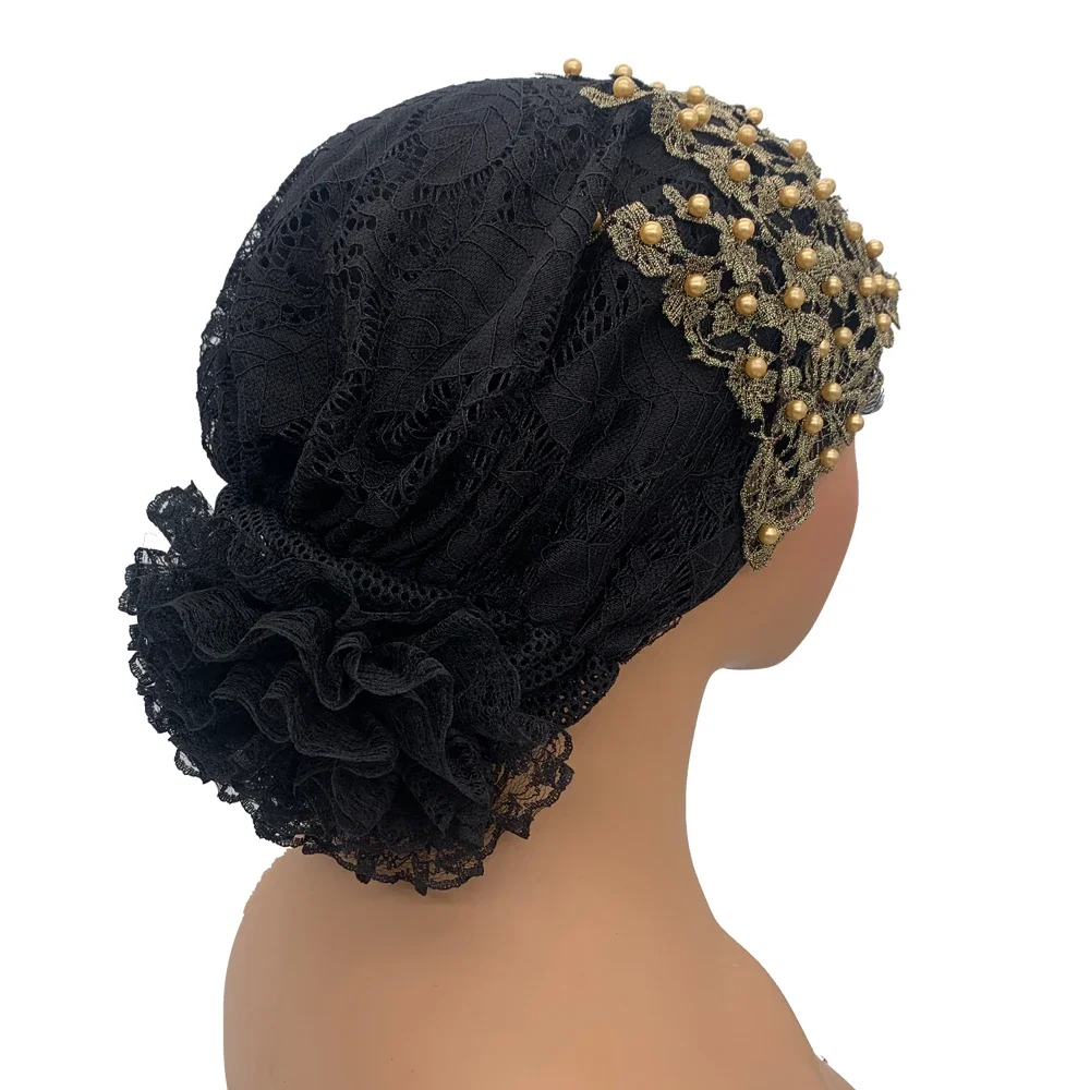 여성용 자수 비즈 장식 터번 모자 무슬림 헤드스카프 모자 탈모 화학요법 모자 아프리카 헤드랩 보닛