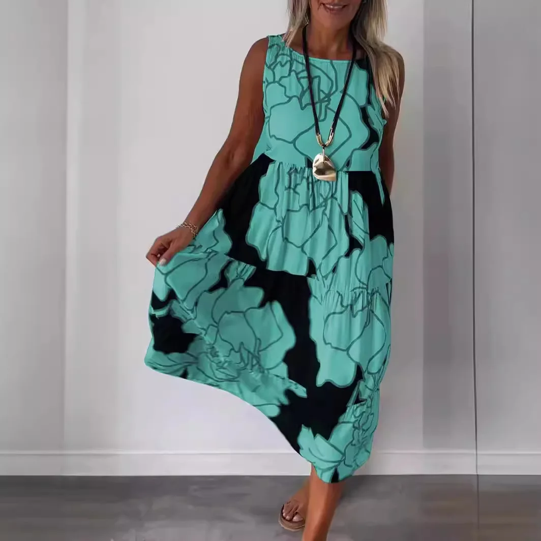 Women Floral Print Sleeveless A-line Dresses Summer O Neck Elegant Pleat Long Boho Dress Loose Beach Casual