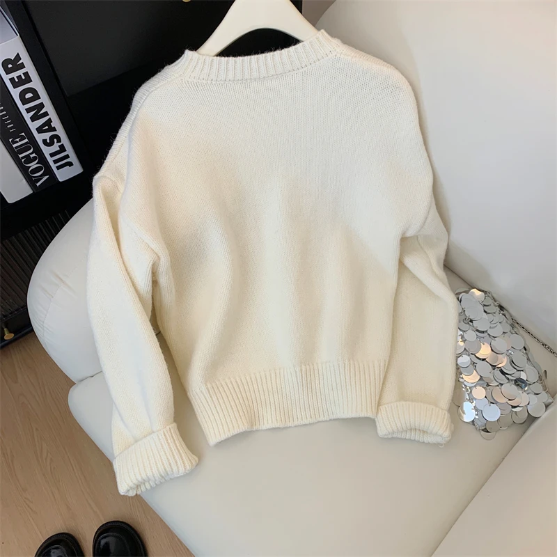 Autumn and Winter New Round Neck Pullover Soft Cat Sweater Winter Christmas Tree Embroidery Wool Loose Sweet Knit Top