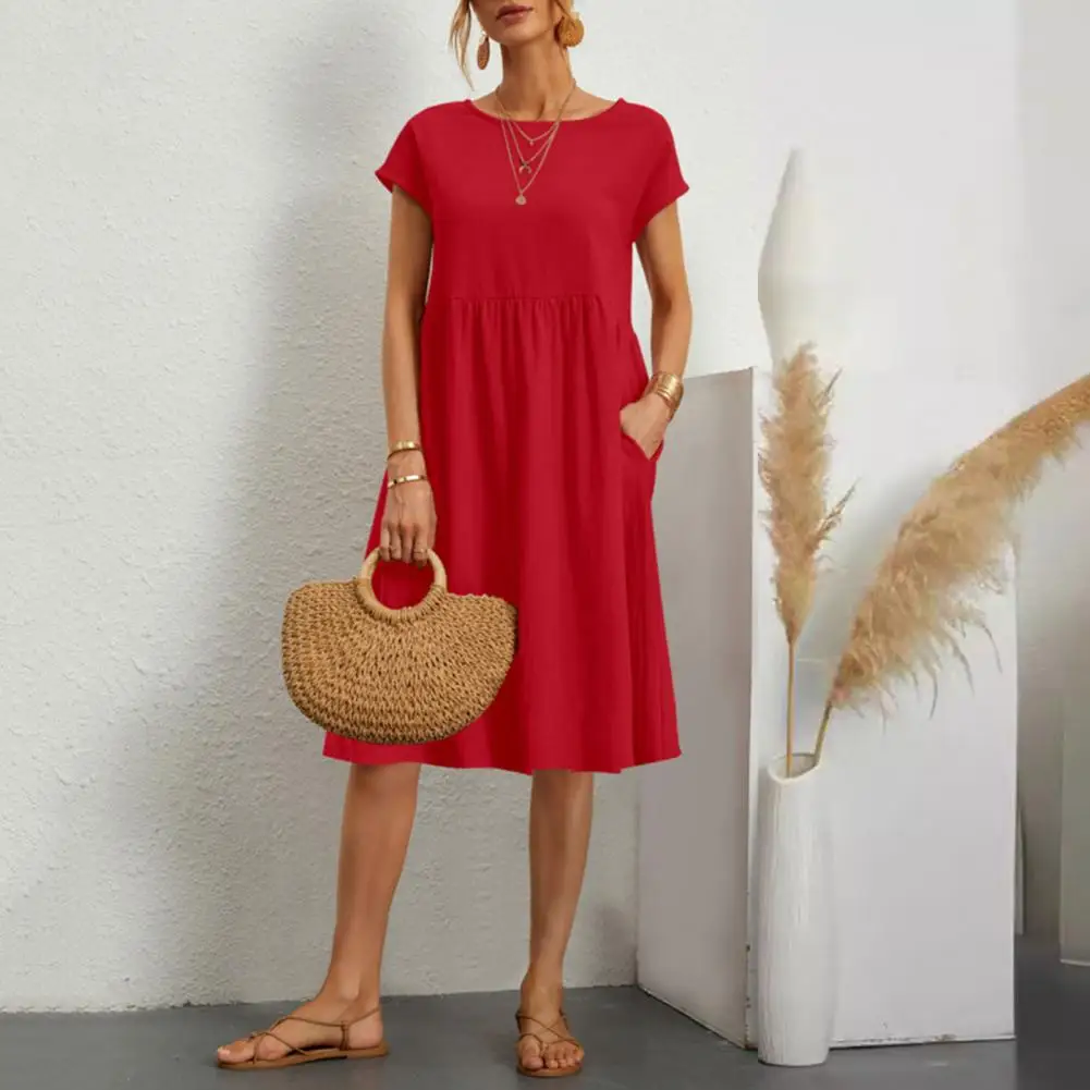 

Cotton Blend Vintage Women Casual Dresses Round Neck A-line Pleated Short Sleeve Beach Dress With Pockets Summer Short Dress