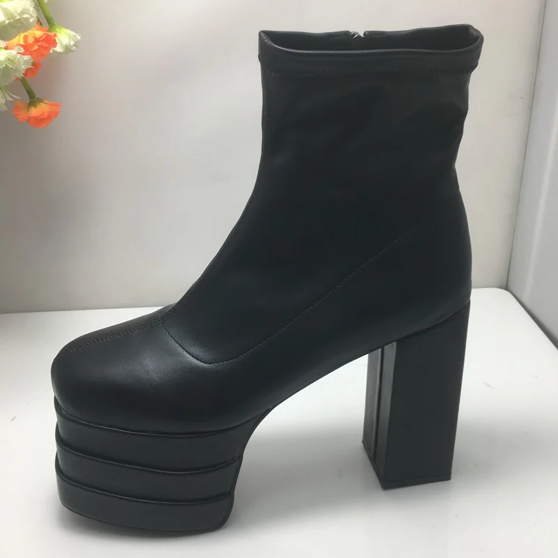 ASILETO Fashion Women Ankle Boots Square Toe Block High Heels 14cm Platform Hill 7.5cm Zipper Party Booty Large Size 44 45 46