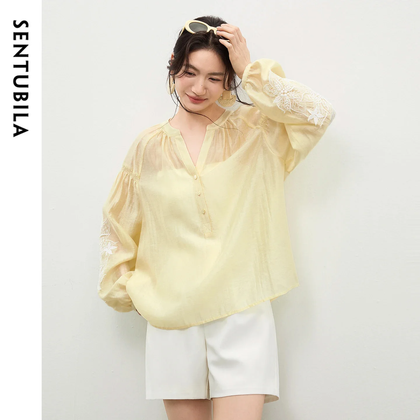 

SENTUBILA Women's V-Neck Half Placket Blouse 2026 Spring New Color Block Patch Embroidery Elegant Loose Chiffon Shirt 161VF4864