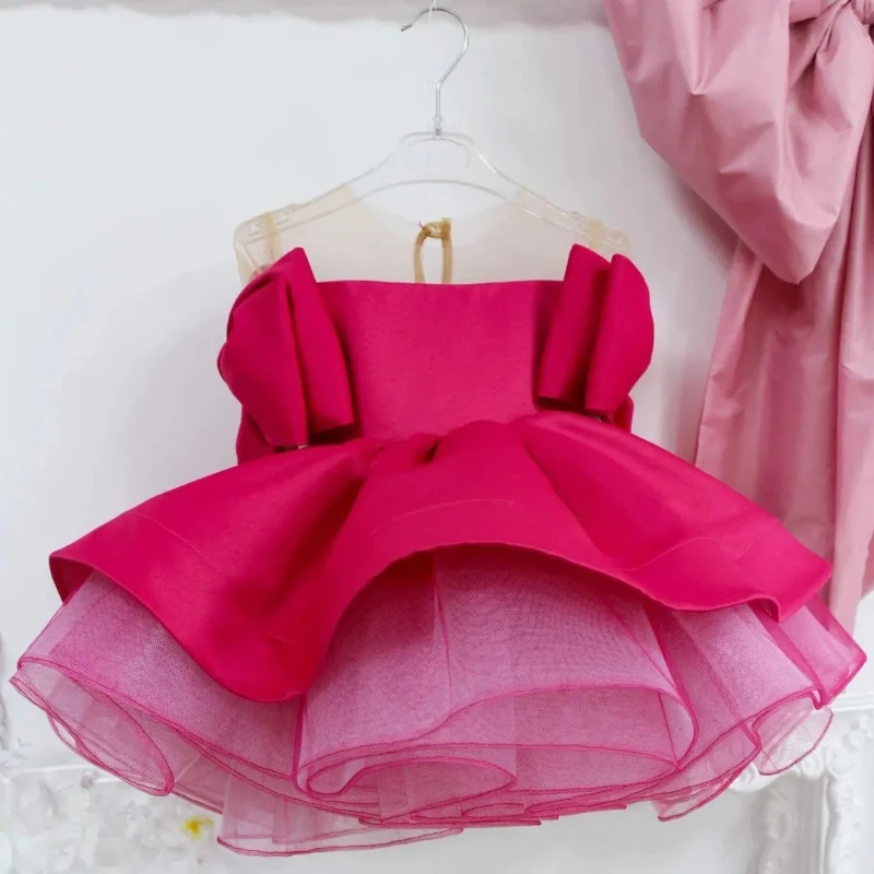 2026 Kids Girls Satin Fluffy Ribbon Birthday Party Princess Gown Flower Girl Dress Clothes Children Simple Design Formal Outfit