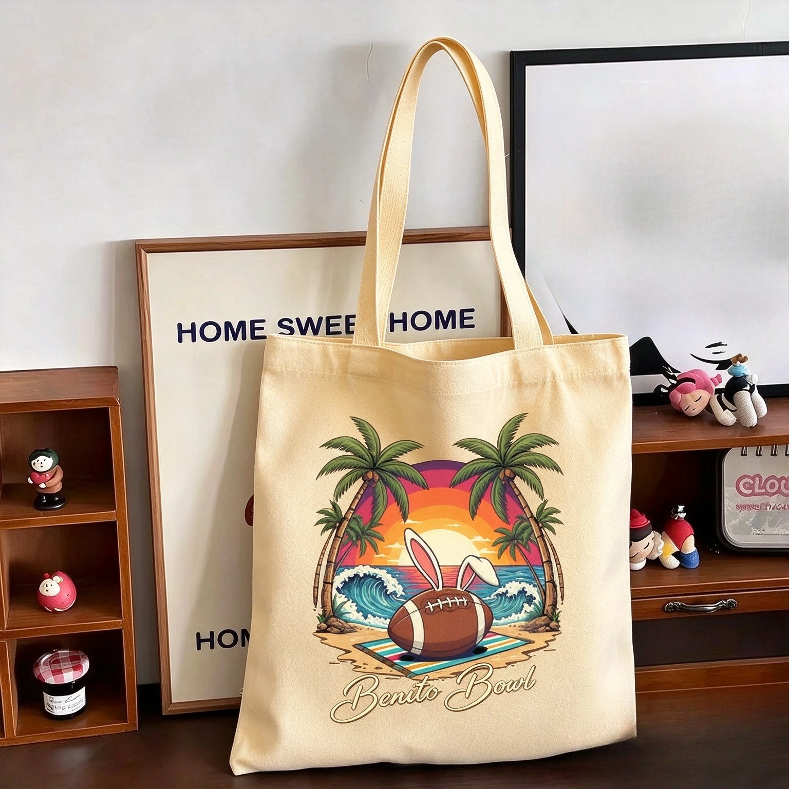 2026 Tropical Beach Sunset Canvas Tote Bag Beach Grid Bowl Original Retro Print Lightweight Aesthetic Reusable Shopping Handbag