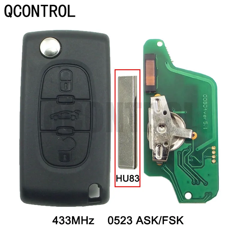 QCONTROL Remote Car Key 3 Buttons for PEUGEOT 807 407 308 307 207 CE0523 ASK/FSK, HU83 Blade CC SW Expert Partner