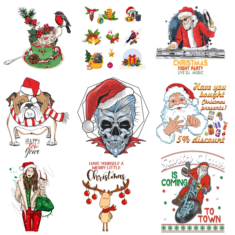 

Christmas Skull Patch Santa Claus Biker Patches on Clothes Cartoon Cute Bird Dog Deer Heat Trasfer Thermal Stickers Appliques