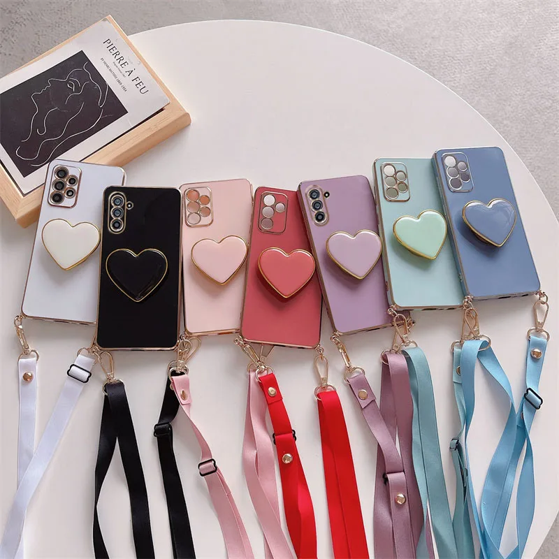 A 54 34 24 14 Plating Love Heart Holder Crossbody Lanyard Case For Samsung Galaxy A54 A34 A24 A14 A53 A13 A33 A23 A52 A32 4G 5G