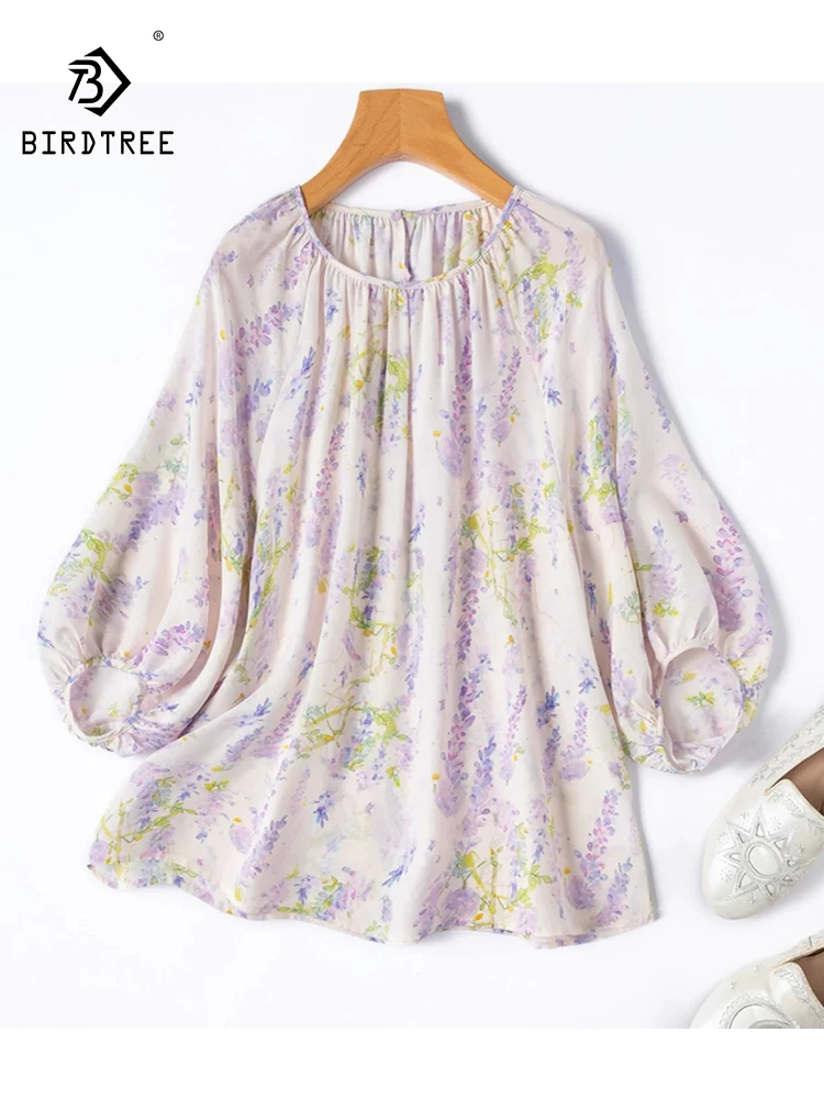 

BirdTree-100%Real Silk Double Crepe Elegant T-Shirt, Lantern Sleeve Print, Women Retro Casual Loose Top, 2026 Summer T65562CC