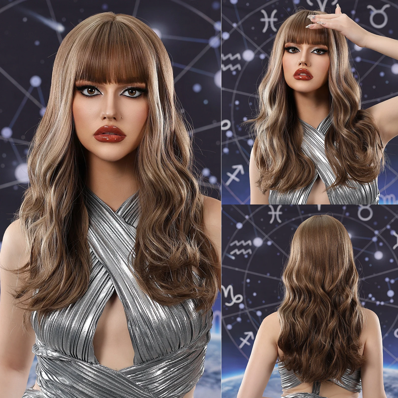 

Светло-коричневые волнистые синтетические волосы парики с челкой средней длины натуральные волнистые парики ежедневный стиль искусственные волосы для косплея для черных женщин