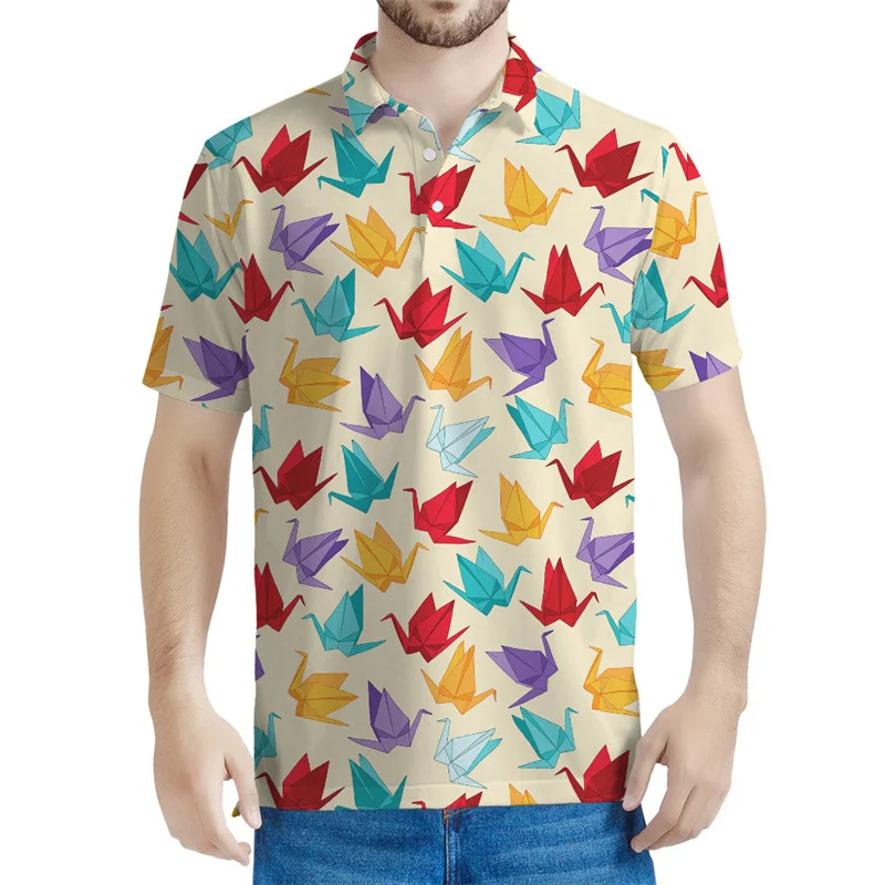 قمصان بولو للرجال ملونة بنمط الطيور اوريغامي ، تي شيرت مطبوع ثلاثي الأبعاد للرجال ، تي شيرت كبير الحجم ، طية صدر السترة عارضة ، أكمام قصيرة ، قمم الصيف