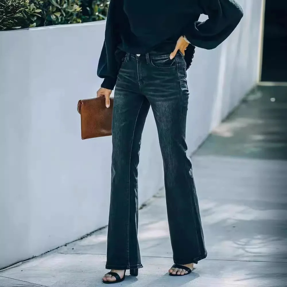 กางเกงยีนส์สีดำทรงสลิมฟิตเอวสูงผ้ายืดสำหรับผู้หญิง สไตล์ตะวันตก รุ่นใหม่ล่าสุดสำหรับฤดูใบไม้ผลิ ช่วยให้ดูผอมเพรียว ใส่ได้หลากหลาย ทรงยาวคลุมเท้า