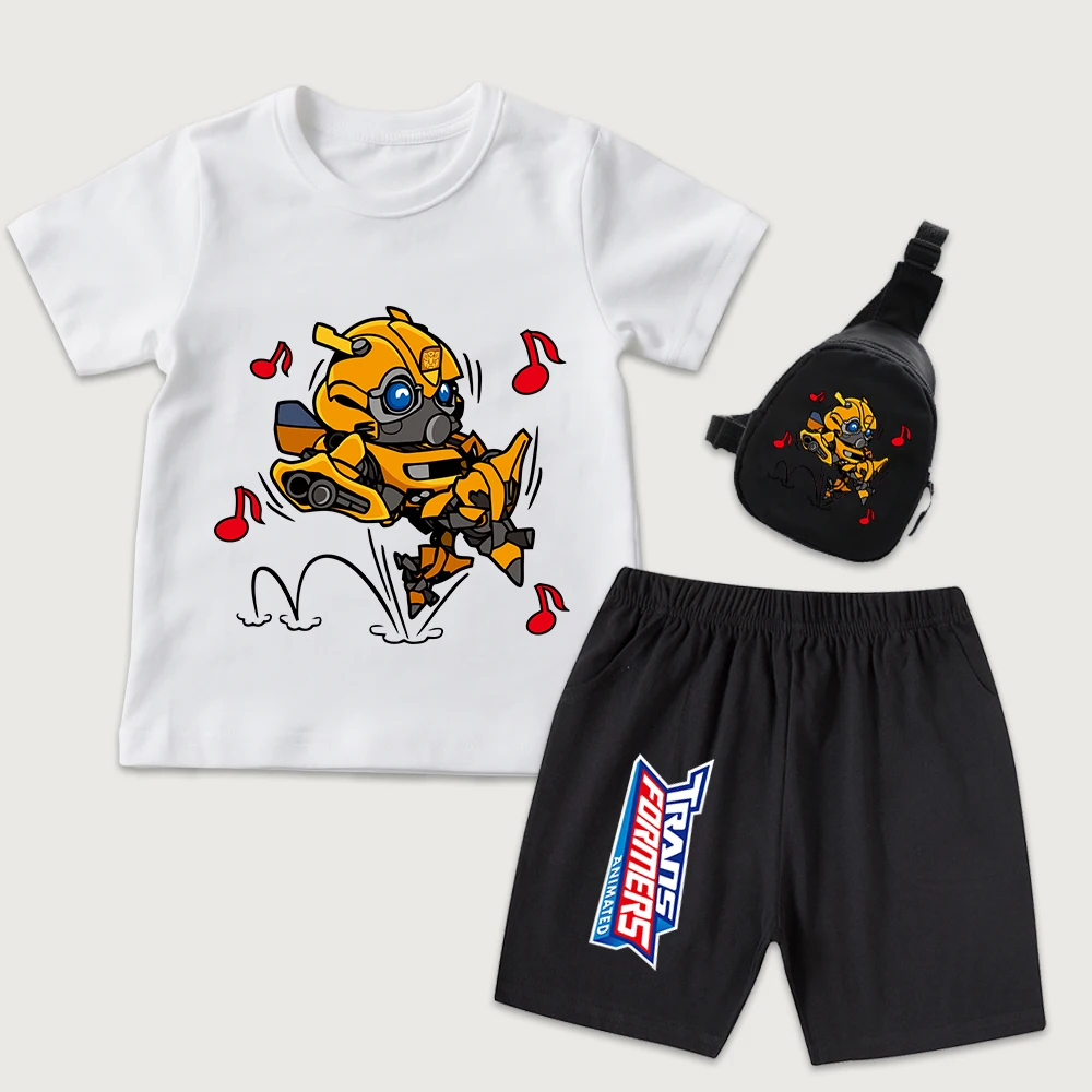 

Детская хлопковая футболка с принтом Transformers Chibi Bumblebee Dance, шорты, мини-сумка на грудь, комплект из 3 предметов для мальчиков и девочек, летняя одежда