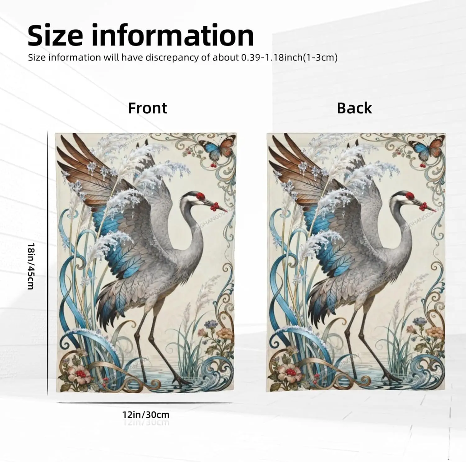 House Flag 12X18 Inch Crane Icy Reeds Red Berries Blue Curves Butterfly Flowers Outdoor Decoration Double Sided Polyester Ga uui
