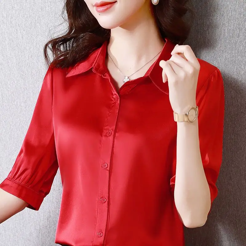 Casual Solid Color Solid Color Blouse Women Classic Short Sleeve Thin Office Polo Collar Career All-match Lady Chiffon Shirt