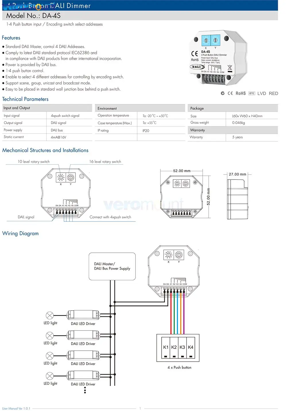 Skydance DA-4S Switch Signal 4 Push Button Dimmer Work with DALI Master Bus Power Supply Encoding Select Addresses For LED Light